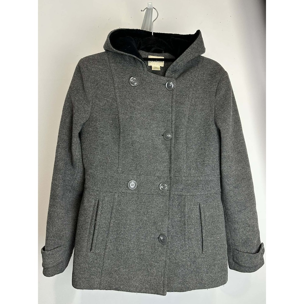 Wool Cashmere Pea Coat St Johns Bay Gray Hooded‎ Womens Small